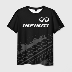 Мужская футболка 3D с принтом Infiniti speed на темном фоне со следами шин посередине в Кировске, 100% полиэфир | прямой крой, круглый вырез горловины, длина до линии бедер | 