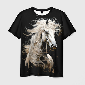 Мужская футболка 3D с принтом Лошадь белая в ночи в Белгороде, 100% полиэфир | прямой крой, круглый вырез горловины, длина до линии бедер | 