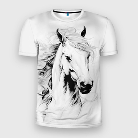 Мужская футболка 3D Slim с принтом Лошадь белая на ветру в Кировске, 100% полиэстер с улучшенными характеристиками | приталенный силуэт, круглая горловина, широкие плечи, сужается к линии бедра | 
