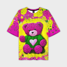 Мужская футболка oversize 3D с принтом Розовый мишка в вязаном свитере ,  |  | Тематика изображения на принте: 
