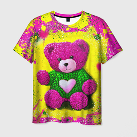 Мужская футболка 3D с принтом Розовый мишка в вязаном свитере в Санкт-Петербурге, 100% полиэфир | прямой крой, круглый вырез горловины, длина до линии бедер | Тематика изображения на принте: 