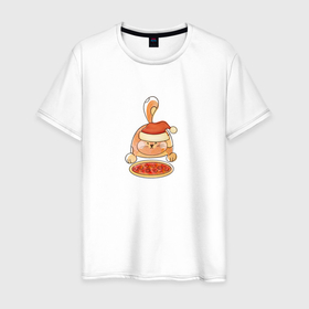 Мужская футболка хлопок с принтом Рыжий кот с пиццей , 100% хлопок | прямой крой, круглый вырез горловины, длина до линии бедер, слегка спущенное плечо. | 