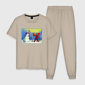 Мужская пижама хлопок с принтом Картина заяц мальчик и снеговик в Тюмени, 100% хлопок | брюки и футболка прямого кроя, без карманов, на брюках мягкая резинка на поясе и по низу штанин
 | 