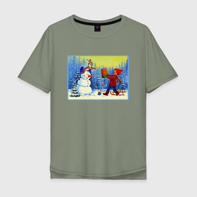 Мужская футболка хлопок Oversize с принтом Картина заяц мальчик и снеговик в Тюмени, 100% хлопок | свободный крой, круглый ворот, “спинка” длиннее передней части | Тематика изображения на принте: 