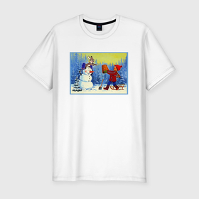 Мужская футболка хлопок Slim с принтом Картина заяц мальчик и снеговик в Тюмени, 92% хлопок, 8% лайкра | приталенный силуэт, круглый вырез ворота, длина до линии бедра, короткий рукав | 