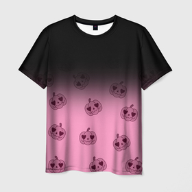 Мужская футболка 3D с принтом Черно розовый градиент и хэллоуинские тыквы паттерн в Екатеринбурге, 100% полиэфир | прямой крой, круглый вырез горловины, длина до линии бедер | Тематика изображения на принте: 