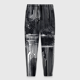 Мужские брюки 3D с принтом Белые полосы на чёрном фоне киберпанк в Санкт-Петербурге, 100% полиэстер | манжеты по низу, эластичный пояс регулируется шнурком, по бокам два кармана без застежек, внутренняя часть кармана из мелкой сетки | 