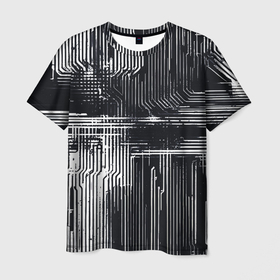 Мужская футболка 3D с принтом Белые полосы на чёрном фоне киберпанк в Курске, 100% полиэфир | прямой крой, круглый вырез горловины, длина до линии бедер | Тематика изображения на принте: 
