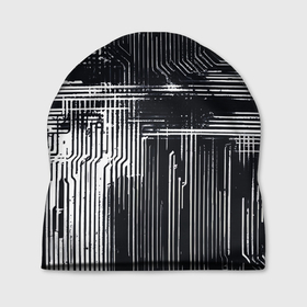 Шапка 3D с принтом Белые полосы на чёрном фоне киберпанк в Курске, 100% полиэстер | универсальный размер, печать по всей поверхности изделия | 