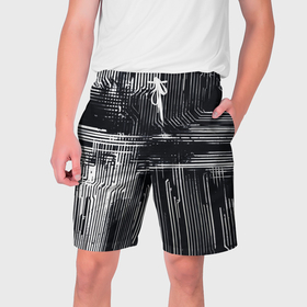 Мужские шорты 3D с принтом Белые полосы на чёрном фоне киберпанк в Курске,  полиэстер 100% | прямой крой, два кармана без застежек по бокам. Мягкая трикотажная резинка на поясе, внутри которой широкие завязки. Длина чуть выше колен | 