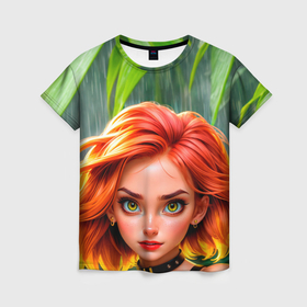 Женская футболка 3D с принтом Девушка в джунглях под ливнем в Белгороде, 100% полиэфир ( синтетическое хлопкоподобное полотно) | прямой крой, круглый вырез горловины, длина до линии бедер | 