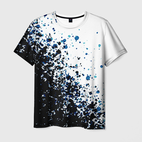 Мужская футболка 3D с принтом Чёрно белый с синими кляксами в Петрозаводске, 100% полиэфир | прямой крой, круглый вырез горловины, длина до линии бедер | Тематика изображения на принте: 