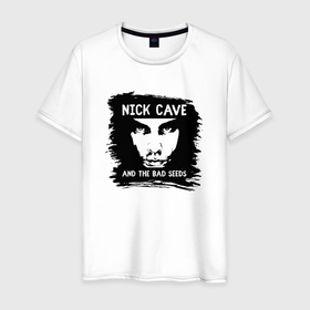 Мужская футболка хлопок с принтом Nick Cave in black white в Новосибирске, 100% хлопок | прямой крой, круглый вырез горловины, длина до линии бедер, слегка спущенное плечо. | Тематика изображения на принте: 