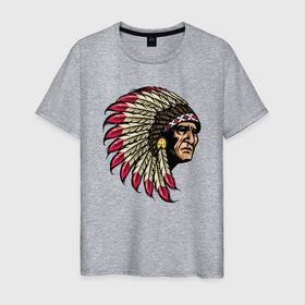 Мужская футболка хлопок с принтом Гордый индеец в Санкт-Петербурге, 100% хлопок | прямой крой, круглый вырез горловины, длина до линии бедер, слегка спущенное плечо. | 