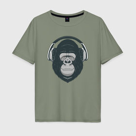 Мужская футболка хлопок Oversize с принтом Monkey music в Екатеринбурге, 100% хлопок | свободный крой, круглый ворот, “спинка” длиннее передней части | 