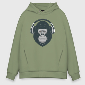 Мужское худи Oversize хлопок с принтом Monkey music в Рязани, френч-терри — 70% хлопок, 30% полиэстер. Мягкий теплый начес внутри —100% хлопок | боковые карманы, эластичные манжеты и нижняя кромка, капюшон на магнитной кнопке | 