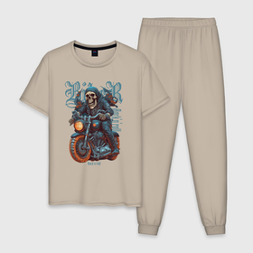Мужская пижама хлопок с принтом Скелет байкера на мотоцикле под rocknroll в Кировске, 100% хлопок | брюки и футболка прямого кроя, без карманов, на брюках мягкая резинка на поясе и по низу штанин
 | 