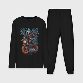 Мужская пижама с лонгсливом хлопок с принтом Скелет байкера на мотоцикле под rocknroll ,  |  | Тематика изображения на принте: 