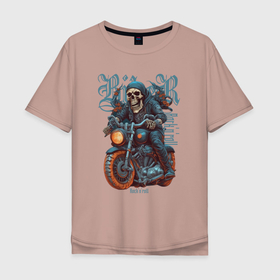 Мужская футболка хлопок Oversize с принтом Скелет байкера на мотоцикле под rocknroll в Санкт-Петербурге, 100% хлопок | свободный крой, круглый ворот, “спинка” длиннее передней части | Тематика изображения на принте: 