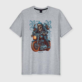Мужская футболка хлопок Slim с принтом Скелет байкера на мотоцикле под rocknroll в Санкт-Петербурге, 92% хлопок, 8% лайкра | приталенный силуэт, круглый вырез ворота, длина до линии бедра, короткий рукав | Тематика изображения на принте: 