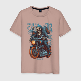 Мужская футболка хлопок с принтом Скелет байкера на мотоцикле под rocknroll , 100% хлопок | прямой крой, круглый вырез горловины, длина до линии бедер, слегка спущенное плечо. | 