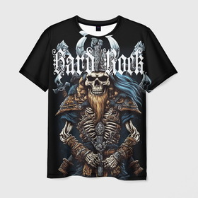 Мужская футболка 3D с принтом Скелет викинга под Hard Rock , 100% полиэфир | прямой крой, круглый вырез горловины, длина до линии бедер | 