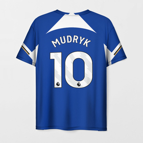 Мужская футболка 3D с принтом Михаил Мудрик форма Челси 23 24 домашняя в Тюмени, 100% полиэфир | прямой крой, круглый вырез горловины, длина до линии бедер | 