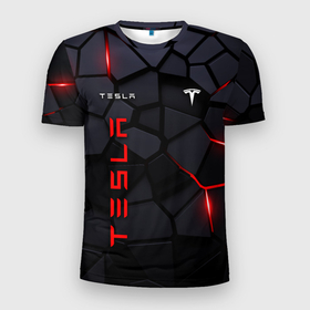 Мужская футболка 3D Slim с принтом Tesla   плиты с эффектом свечения в Петрозаводске, 100% полиэстер с улучшенными характеристиками | приталенный силуэт, круглая горловина, широкие плечи, сужается к линии бедра | Тематика изображения на принте: 