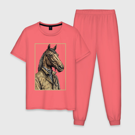 Мужская пижама хлопок с принтом Конь в бежевом пальто в Белгороде, 100% хлопок | брюки и футболка прямого кроя, без карманов, на брюках мягкая резинка на поясе и по низу штанин
 | 
