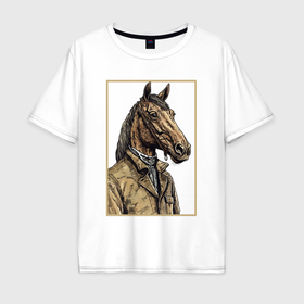 Мужская футболка хлопок Oversize с принтом Конь в бежевом пальто в Курске, 100% хлопок | свободный крой, круглый ворот, “спинка” длиннее передней части | 