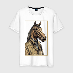 Мужская футболка хлопок с принтом Конь в бежевом пальто в Белгороде, 100% хлопок | прямой крой, круглый вырез горловины, длина до линии бедер, слегка спущенное плечо. | 
