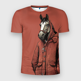 Мужская футболка 3D Slim с принтом Конь в красном пальто в Петрозаводске, 100% полиэстер с улучшенными характеристиками | приталенный силуэт, круглая горловина, широкие плечи, сужается к линии бедра | 