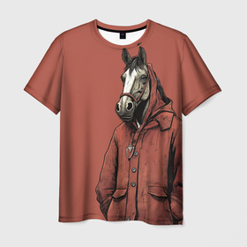 Мужская футболка 3D с принтом Конь в красном пальто в Тюмени, 100% полиэфир | прямой крой, круглый вырез горловины, длина до линии бедер | 