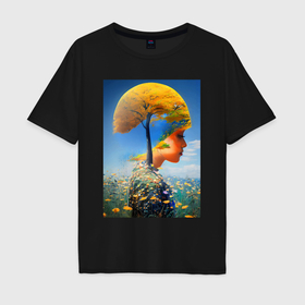 Мужская футболка хлопок Oversize с принтом Девочка и дерево   экология   нейросеть в Тюмени, 100% хлопок | свободный крой, круглый ворот, “спинка” длиннее передней части | 