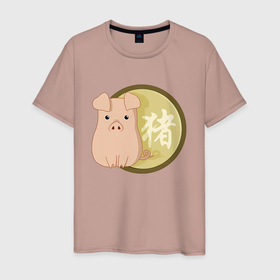 Мужская футболка хлопок с принтом Год свиньи  на китайском в Тюмени, 100% хлопок | прямой крой, круглый вырез горловины, длина до линии бедер, слегка спущенное плечо. | Тематика изображения на принте: 