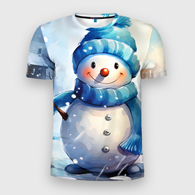Мужская футболка 3D Slim с принтом Большой  снеговик в Санкт-Петербурге, 100% полиэстер с улучшенными характеристиками | приталенный силуэт, круглая горловина, широкие плечи, сужается к линии бедра | 