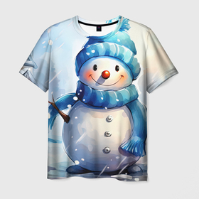 Мужская футболка 3D с принтом Большой  снеговик , 100% полиэфир | прямой крой, круглый вырез горловины, длина до линии бедер | 