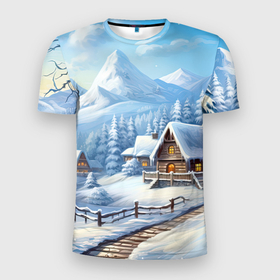 Мужская футболка 3D Slim с принтом Новогодняя зимняя деревня в Белгороде, 100% полиэстер с улучшенными характеристиками | приталенный силуэт, круглая горловина, широкие плечи, сужается к линии бедра | Тематика изображения на принте: 