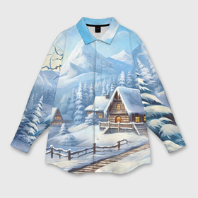 Мужская рубашка oversize 3D с принтом Новогодняя зимняя деревня ,  |  | 