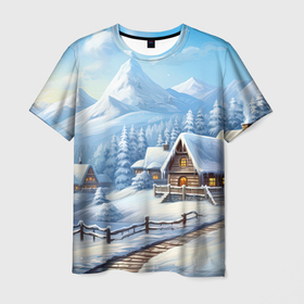 Мужская футболка 3D с принтом Новогодняя зимняя деревня в Белгороде, 100% полиэфир | прямой крой, круглый вырез горловины, длина до линии бедер | Тематика изображения на принте: 