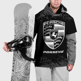 Накидка на куртку 3D с принтом Porsche speed на темном фоне со следами шин в Екатеринбурге, 100% полиэстер |  | 