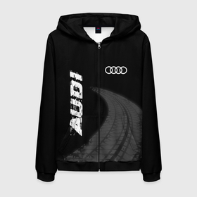 Мужская толстовка 3D на молнии с принтом Audi speed на темном фоне со следами шин вертикально в городе Новоалтайск, 100% полиэстер | длина до линии бедра, манжеты и пояс оформлены мягкой тканевой резинкой, двухслойный капюшон со шнурком для регулировки, спереди молния, по бокам два кармана | 