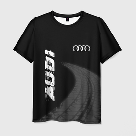 Мужская футболка 3D с принтом Audi speed на темном фоне со следами шин вертикально в Санкт-Петербурге, 100% полиэфир | прямой крой, круглый вырез горловины, длина до линии бедер | 