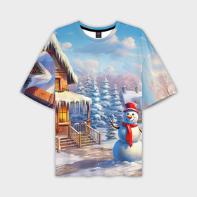 Мужская футболка oversize 3D с принтом Новогодняя   деревня и снеговик в Тюмени,  |  | 