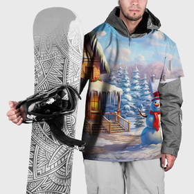 Накидка на куртку 3D с принтом Новогодняя   деревня и снеговик в Тюмени, 100% полиэстер |  | Тематика изображения на принте: 
