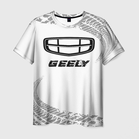 Мужская футболка 3D с принтом Geely speed на светлом фоне со следами шин , 100% полиэфир | прямой крой, круглый вырез горловины, длина до линии бедер | Тематика изображения на принте: 