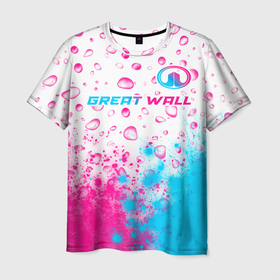 Мужская футболка 3D с принтом Great Wall neon gradient style посередине в Тюмени, 100% полиэфир | прямой крой, круглый вырез горловины, длина до линии бедер | 