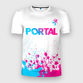 Мужская футболка 3D Slim с принтом Portal neon gradient style посередине в Санкт-Петербурге, 100% полиэстер с улучшенными характеристиками | приталенный силуэт, круглая горловина, широкие плечи, сужается к линии бедра | 