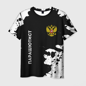 Мужская футболка 3D с принтом Парашютист из России и герб РФ вертикально в Кировске, 100% полиэфир | прямой крой, круглый вырез горловины, длина до линии бедер | 