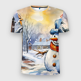 Мужская футболка 3D Slim с принтом Снеговик   новый  год в Екатеринбурге, 100% полиэстер с улучшенными характеристиками | приталенный силуэт, круглая горловина, широкие плечи, сужается к линии бедра | 